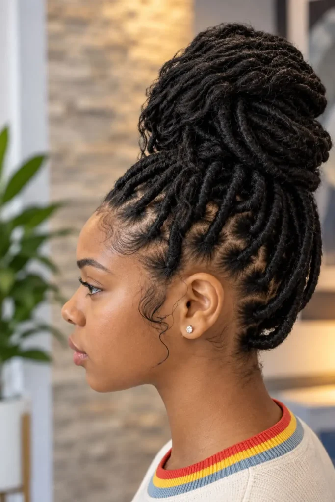 Faux locs wrapped into a textured braided bun with soft curly strands