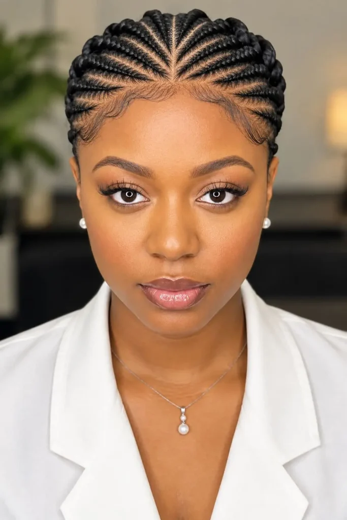 Feed-in cornrows gathered into a sleek low braided bun