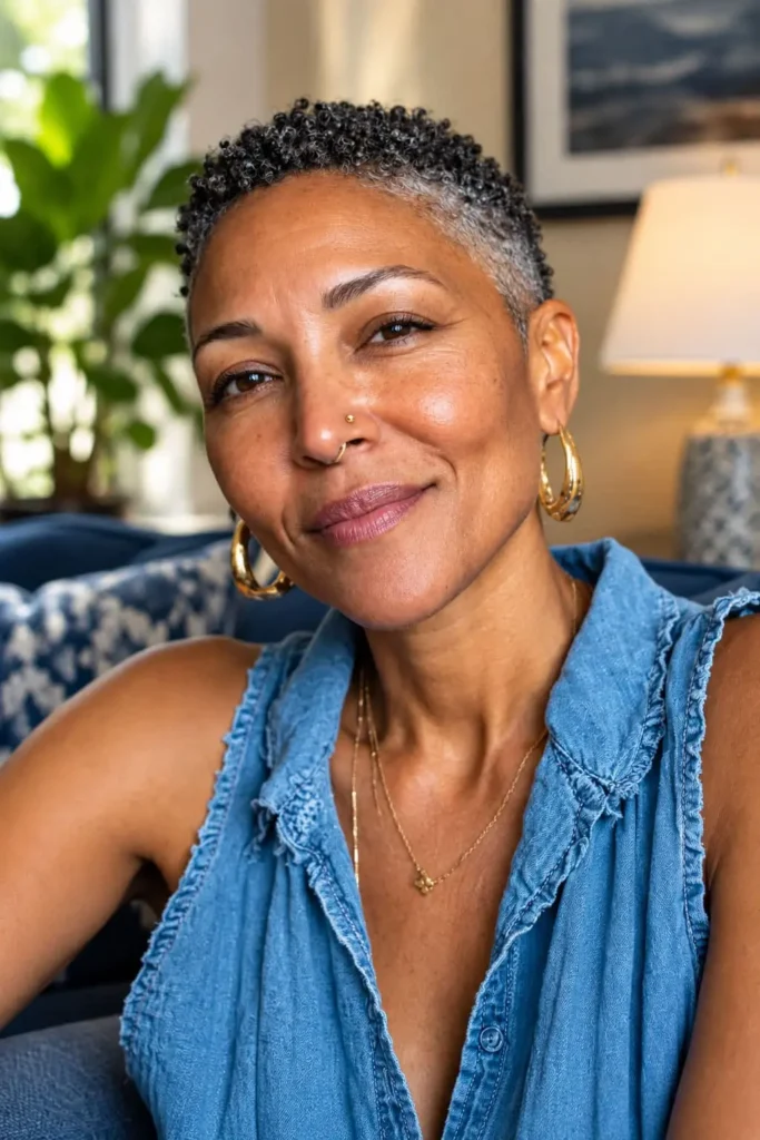 Defined finger coils on short natural hair for Black women over 50