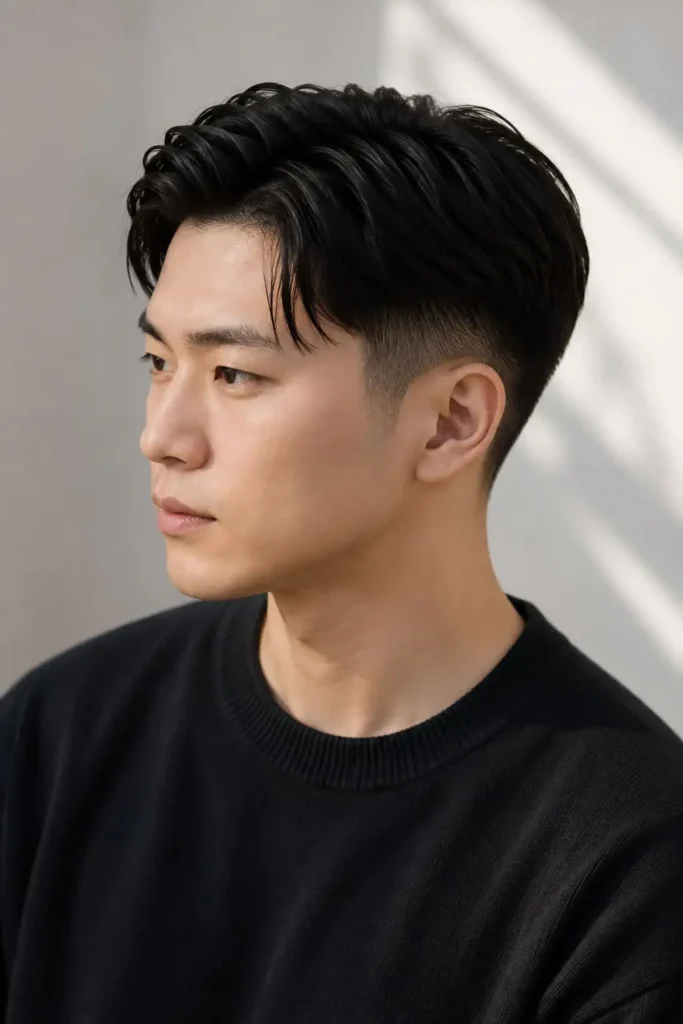 Flow fade haircut for men with faded sides and longer flowing hair