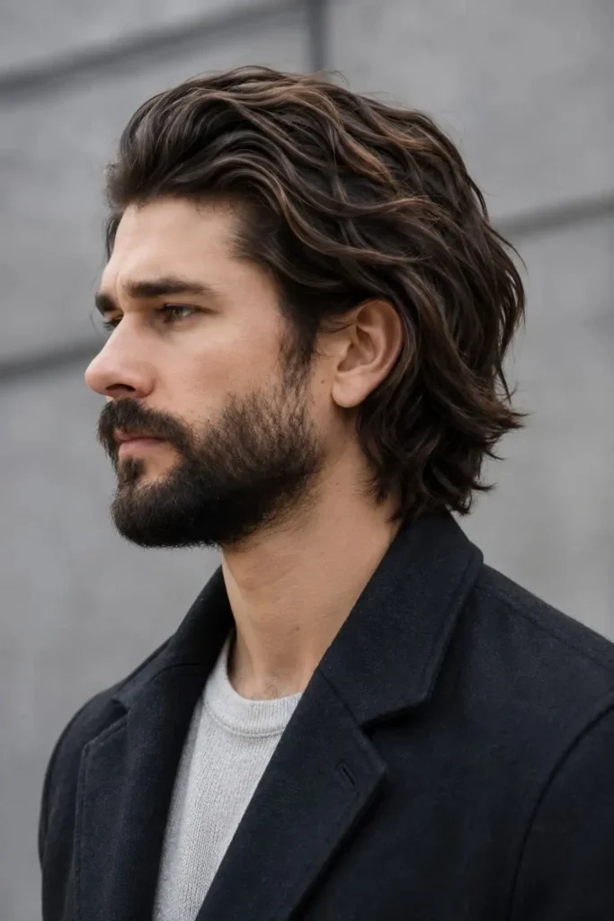 Flow haircut for men with longer flowing hair and a full beard