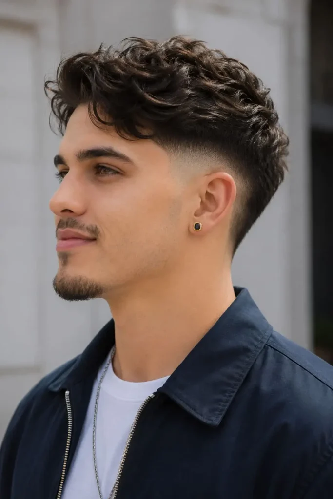 Fluffy flow haircut for men with voluminous layered hair and tapered sides