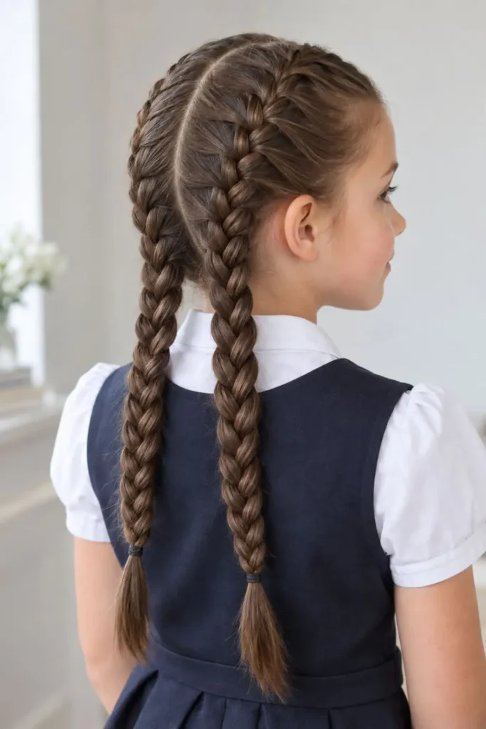 French braid hairstyle keeping children's hair closely secured to the head