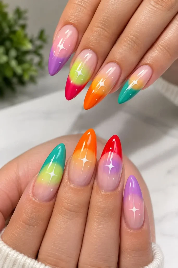 French tip aura nails with black tips and colorful purple, blue and red center glows