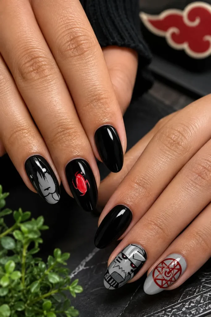 Fullmetal Alchemist nails with black and gray polish, alchemy symbols and metallic character details