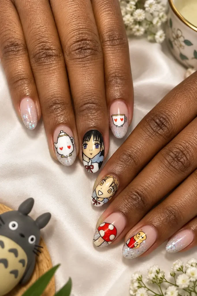 Gakuen Alice manicure with glittery nude ombré, character faces, teapot and mushroom charms