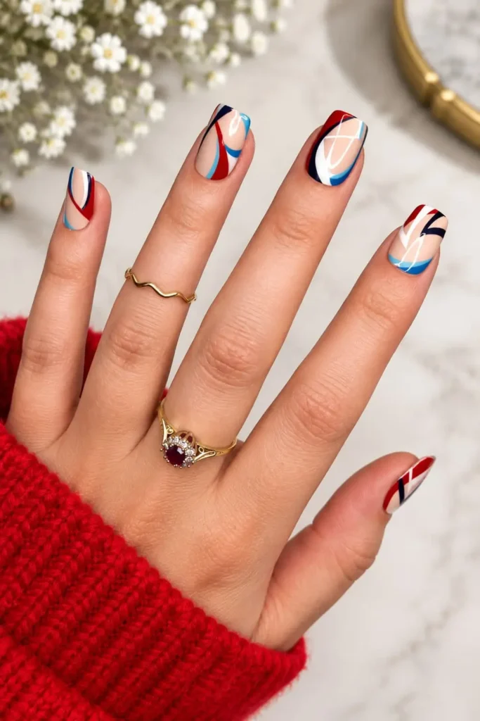 Short square nails featuring bold geometric patterns in black, red, and blue