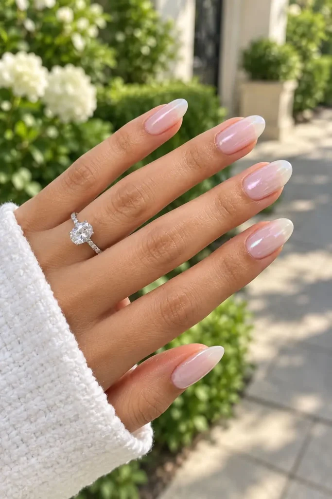 Glazed donut gel nails with pearly chrome finish