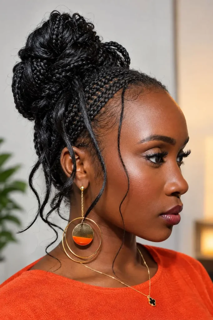 Goddess braids gathered into a voluminous high bun
