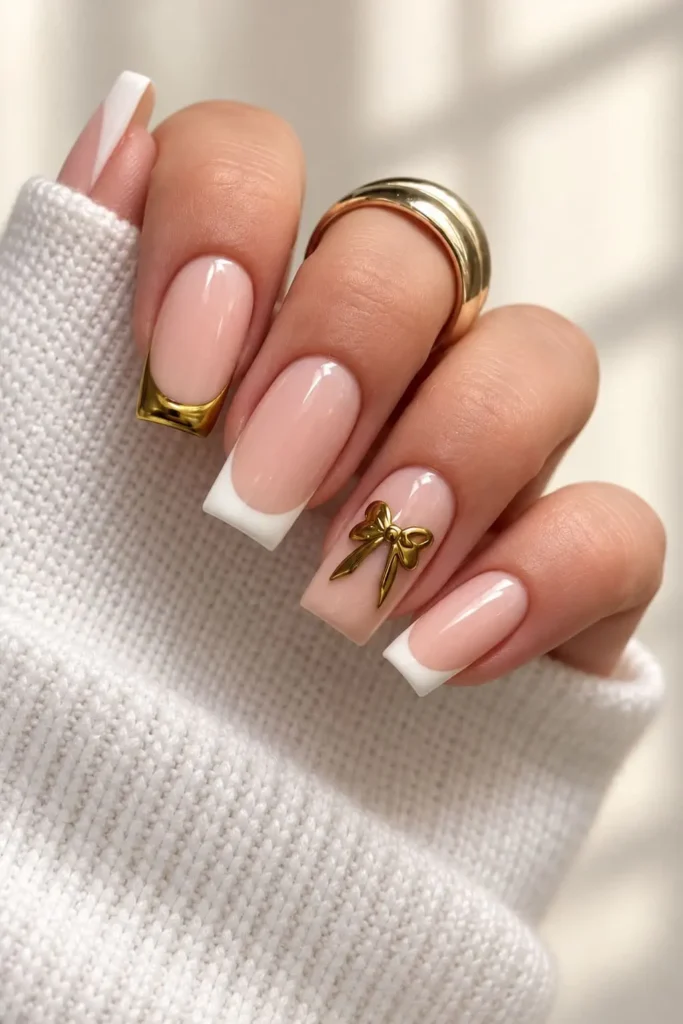 Gold French tip nails with delicate bow accents for a festive look