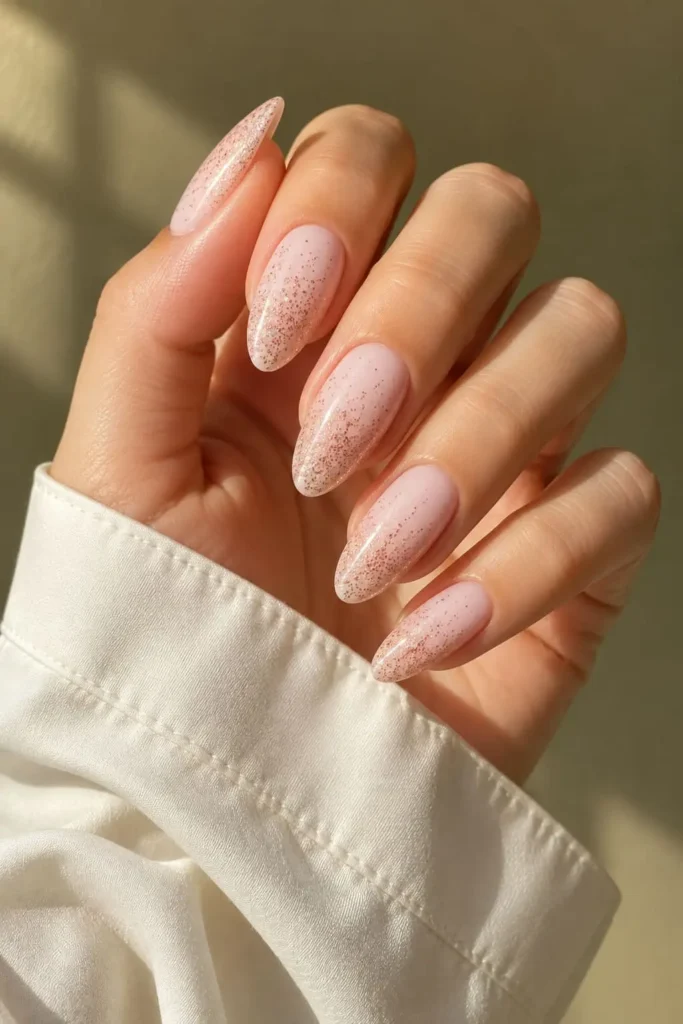 Gold glitter ombré gel nails with a soft sparkling gradient
