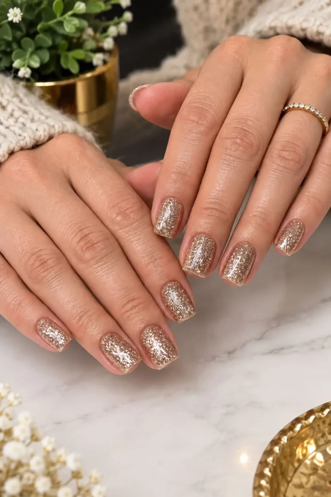 Short square nails covered in chunky gold glitter with a glossy finish
