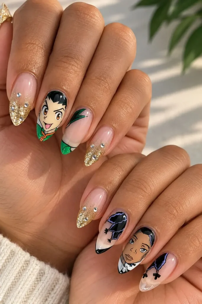 Gon and Canary Hunter x Hunter nails with gold glitter ombré and 3D silver accents