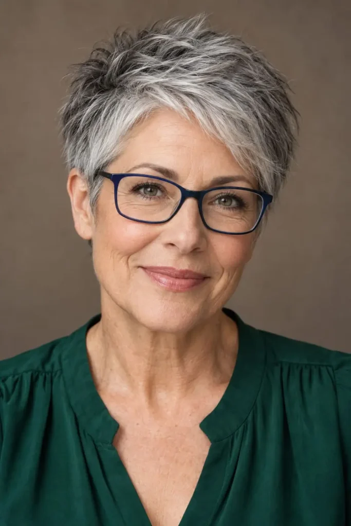 Gray silver pixie with choppy layers and tapered sides