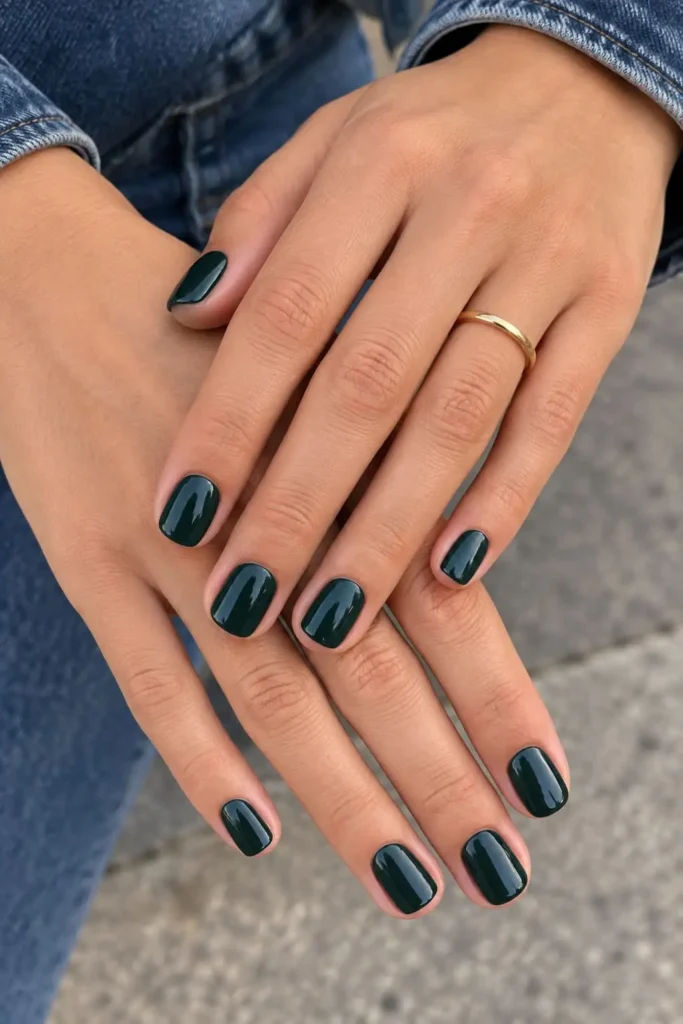 Deep green crocodile gel nail design with textured scale effect