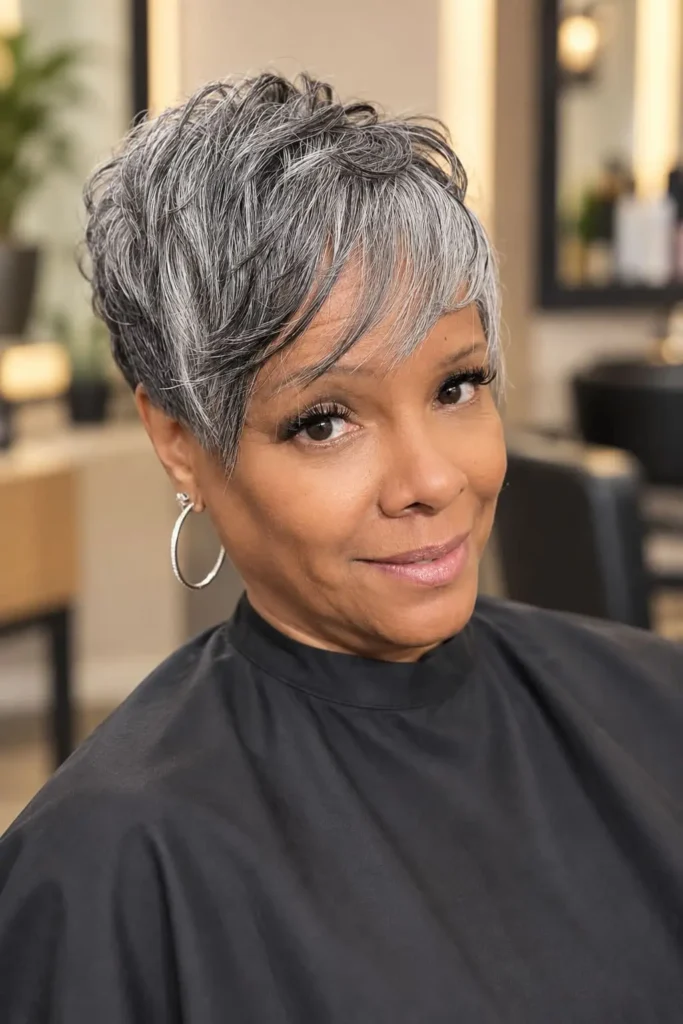 Grey pixie haircut with soft sweeping bangs for Black women over 50