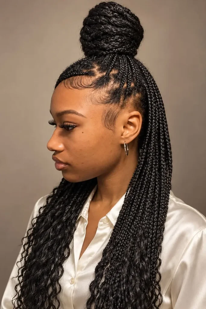 Half-up half-down braided bun with loose lengths framing the face