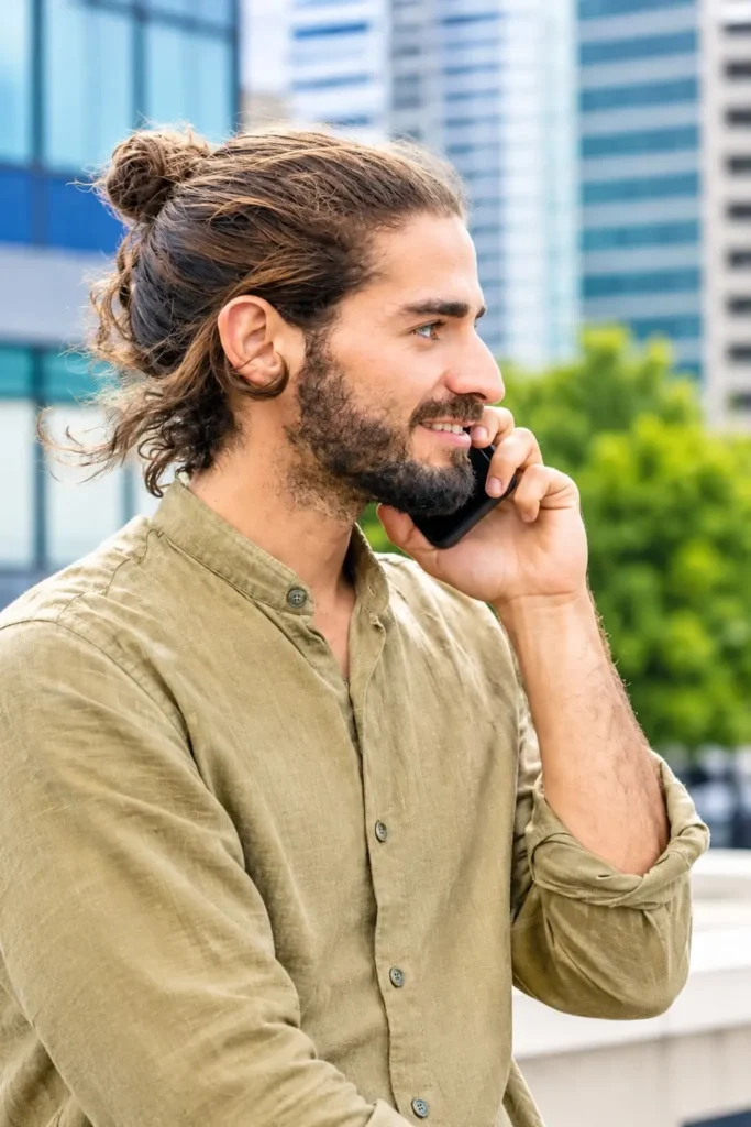 Half-up half-down long hairstyle for men with a refined professional finish