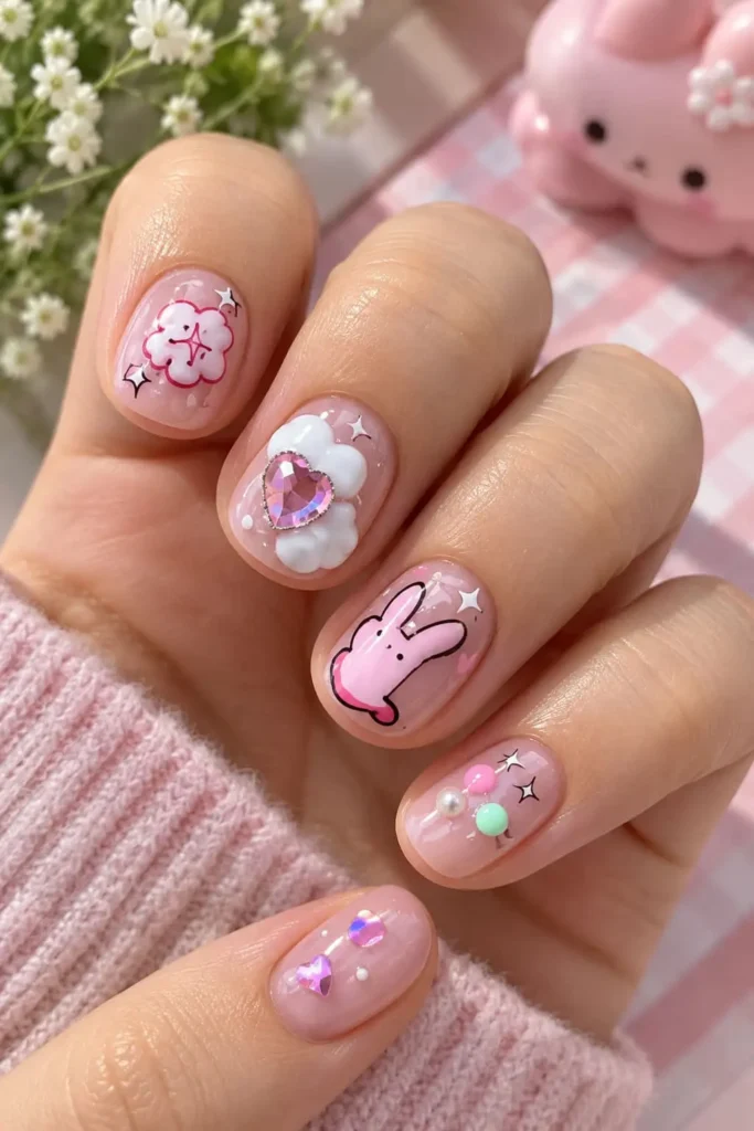 Toilet-Bound Hanako-Kun nails with pastel pink colors, Mokke details and 3D anime art