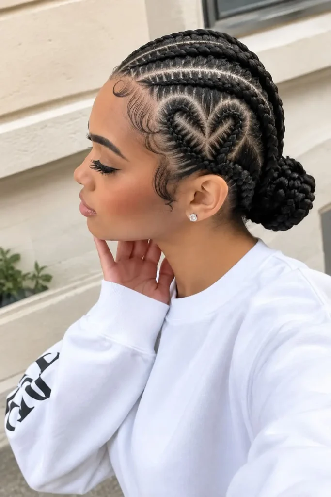 Heart-shaped braided bun with curved braiding and a romantic finish