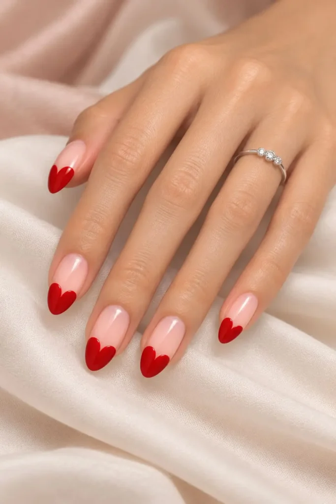 Gel nails with cute heart-shaped tips and minimalist nail art