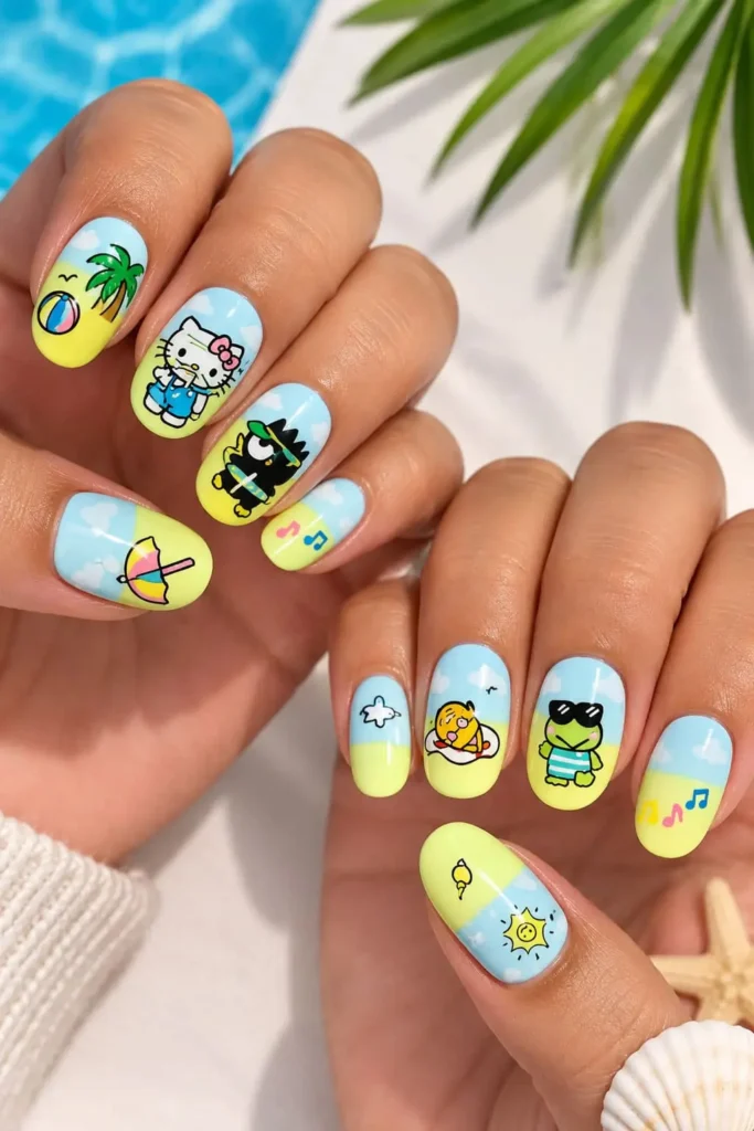 Hello Kitty and Sanrio nails with Keroppi, Badtz-Maru, seashells, waves and pastel beach details