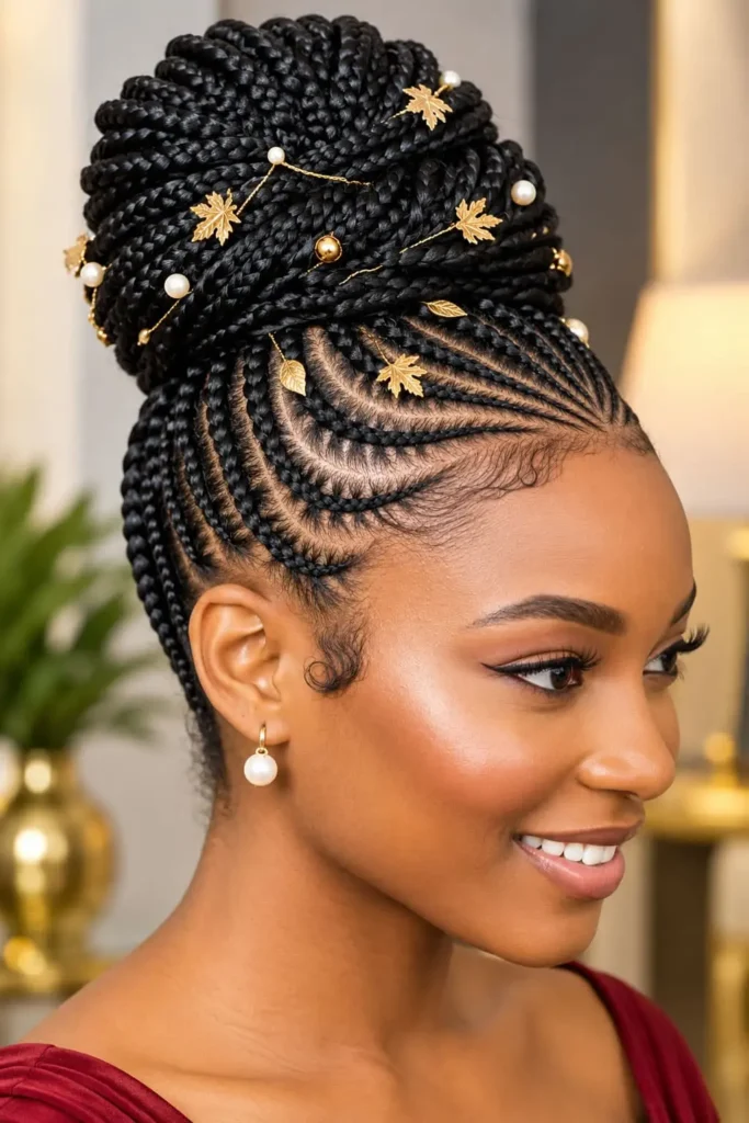 High braided bun decorated with elegant gold hair accessories