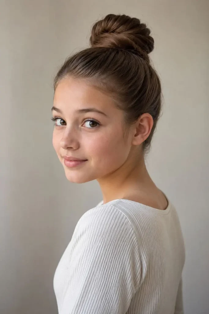 High bun hairstyle for children with hair tightly gathered and secured