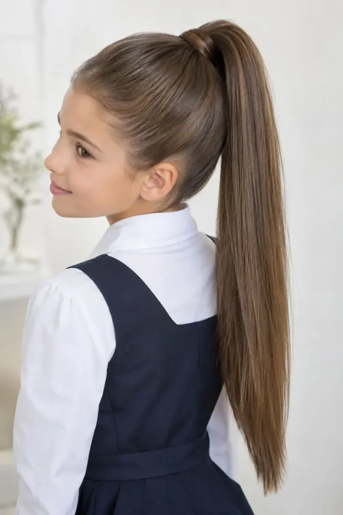 High ponytail hairstyle with long hair securely tied back for school