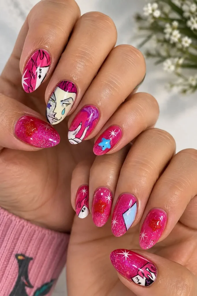 Hisoka Hunter x Hunter nails with glittery pink polish, face markings, stars, hearts and cards