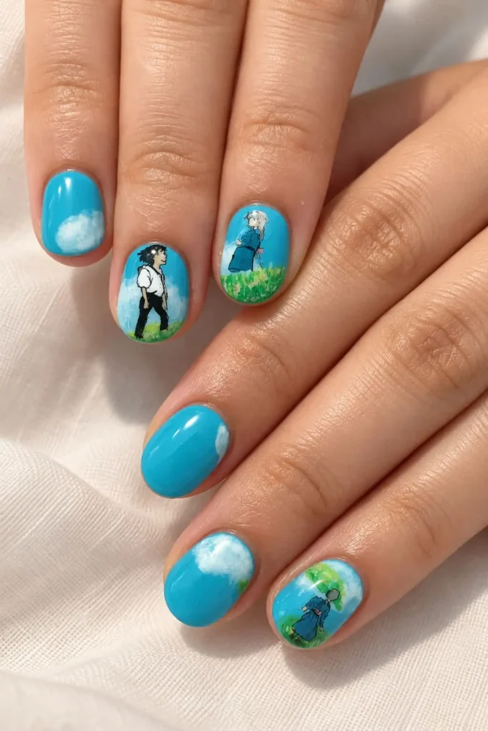 Howl's Moving Castle short nails featuring Howl, Sophie, clouds and a soft blue sky