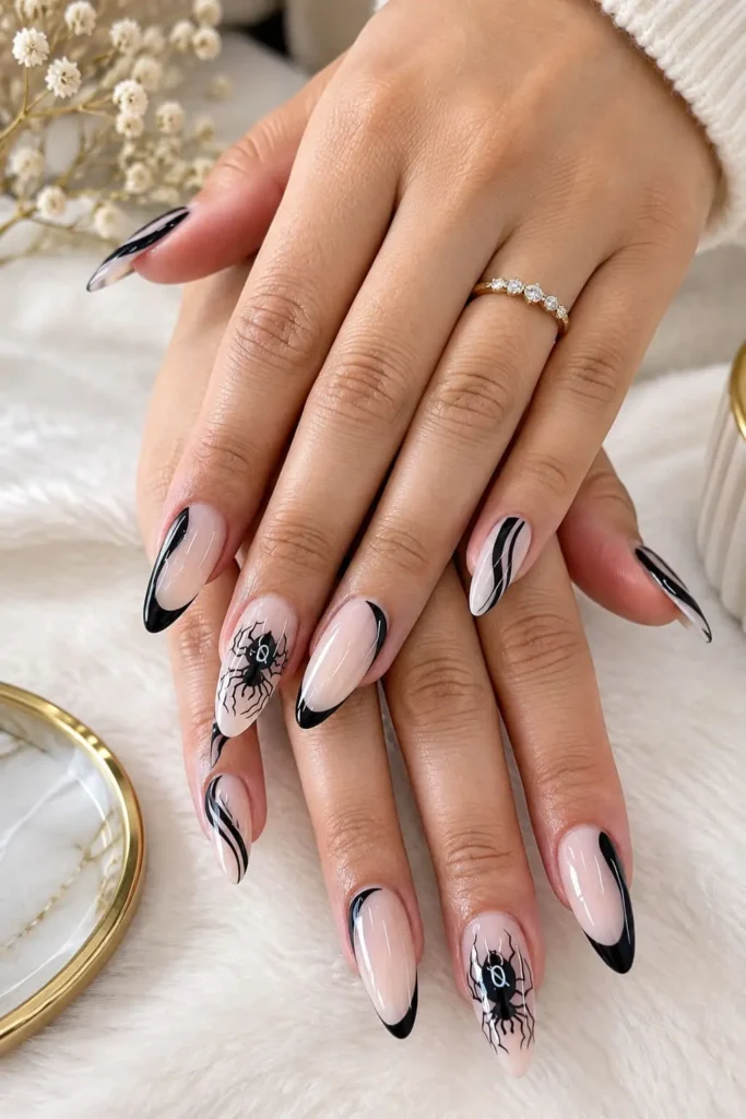 Hunter x Hunter Phantom Troupe nails with black swirls, spider details and signature tattoo artwork