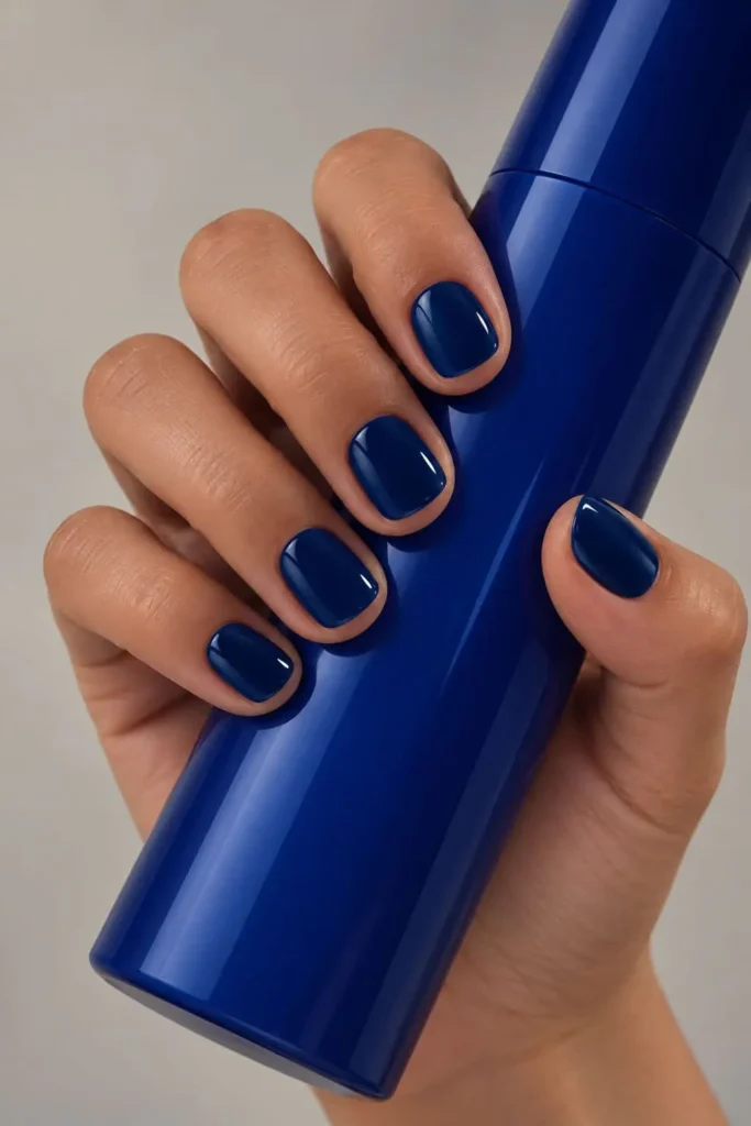 Deep navy and black ink gel nail design with glossy finish