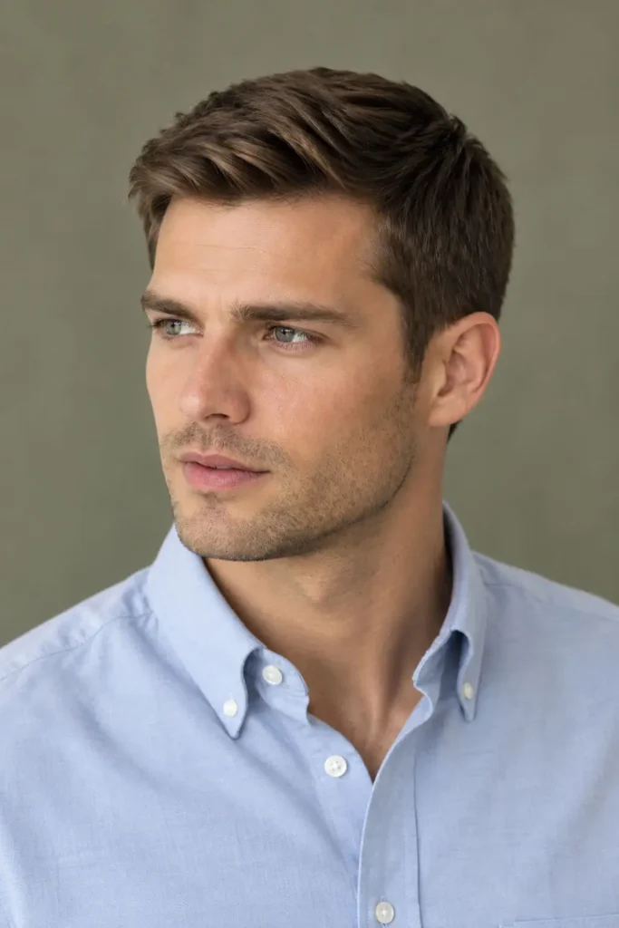 Man with a neat Ivy League haircut and soft side part for a heart-shaped face