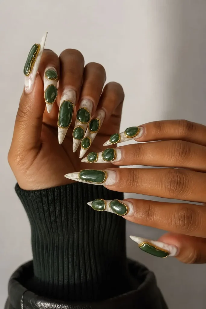 Jade gemstone charm nails with green marble-inspired nail art