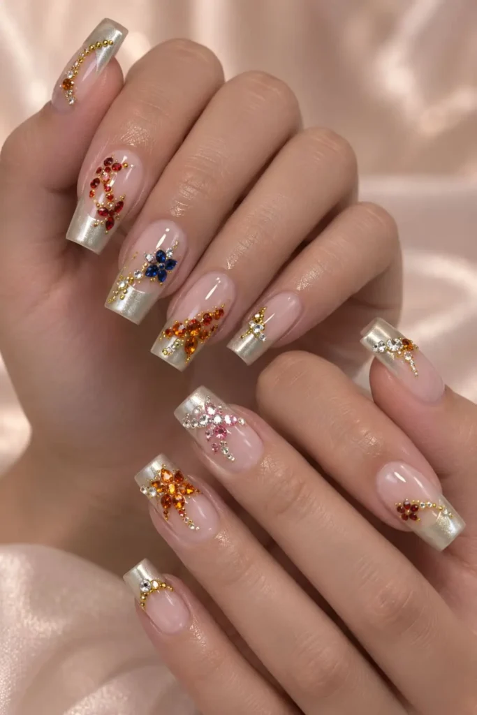 Jeweled starfish gel nail art with rhinestones and glitter