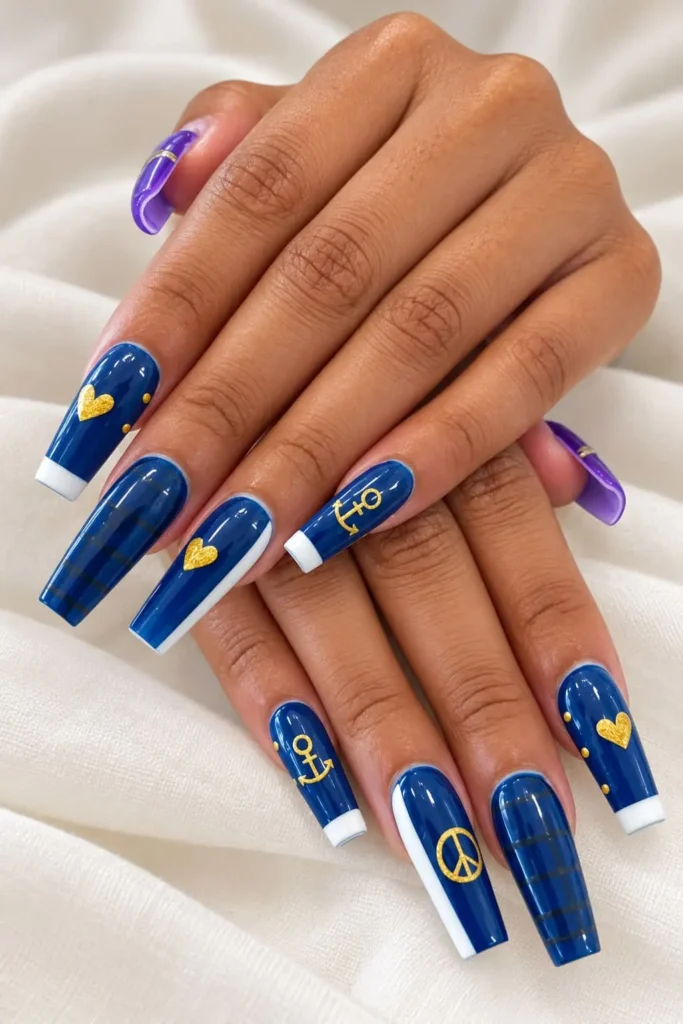 Josuke Higashikata coffin nails with navy blue, purple, gold and bold JoJo-inspired designs