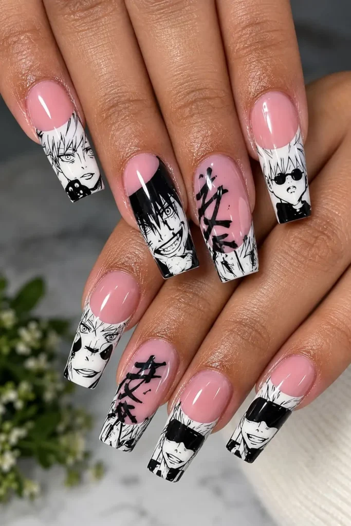 Jujutsu Kaisen nails with black tips, crimson accents and Gojo-inspired French nail art