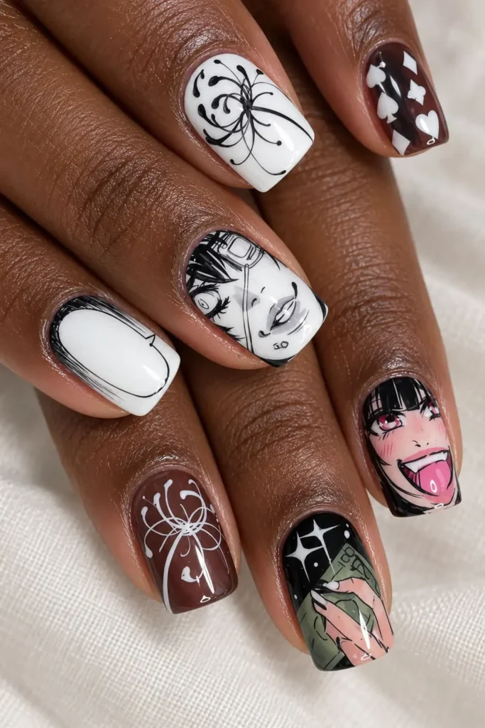 Kakegurui nails with black and white contrast, colorful accents and gambling-inspired anime artwork