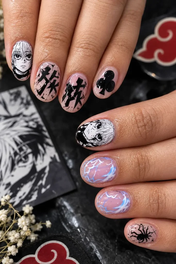 Killua Hunter x Hunter nails with negative space, black lightning streaks and Japanese character details