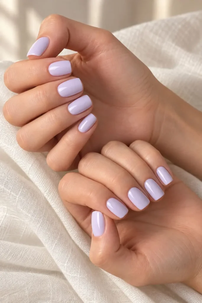 Short square nails with a soft milky lavender finish and sheer natural look
