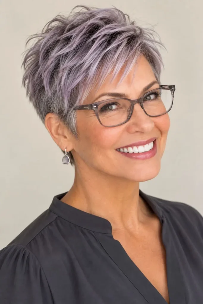 Lavender-tinted pixie with a modern short shape