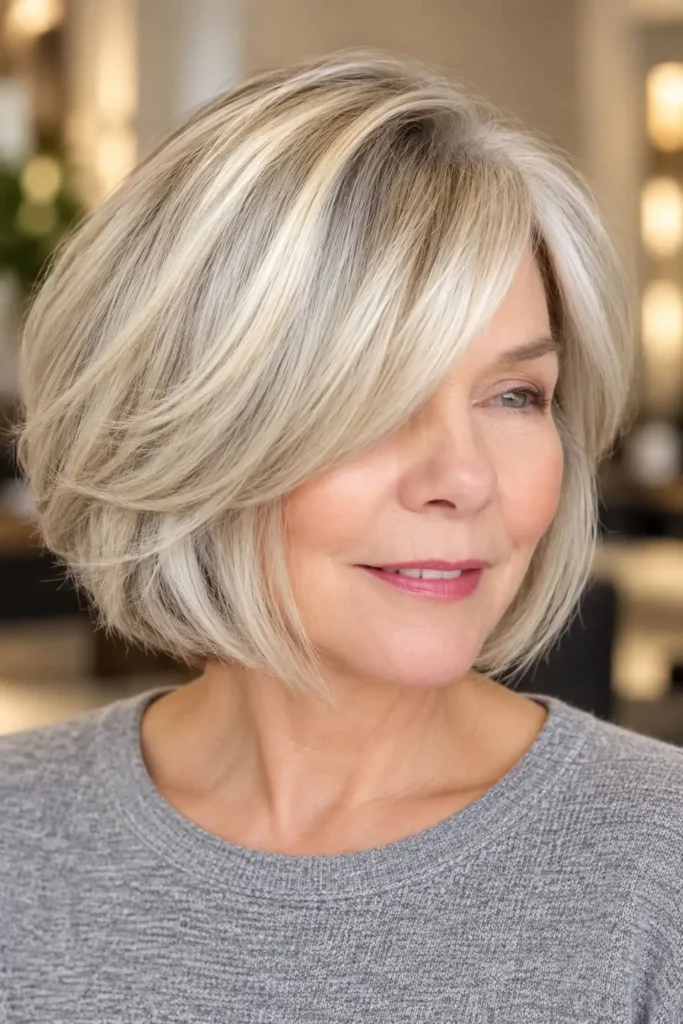 Layered bob haircut for women over 60 with fine hair