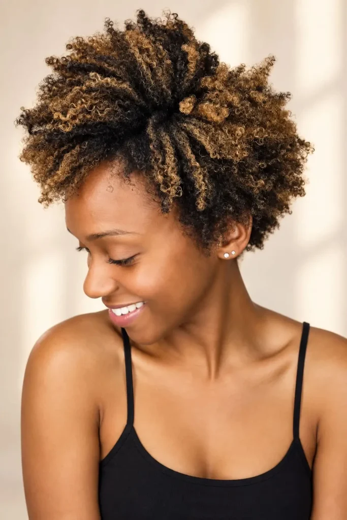 Layered side-parted short natural haircut with highlights for Black women