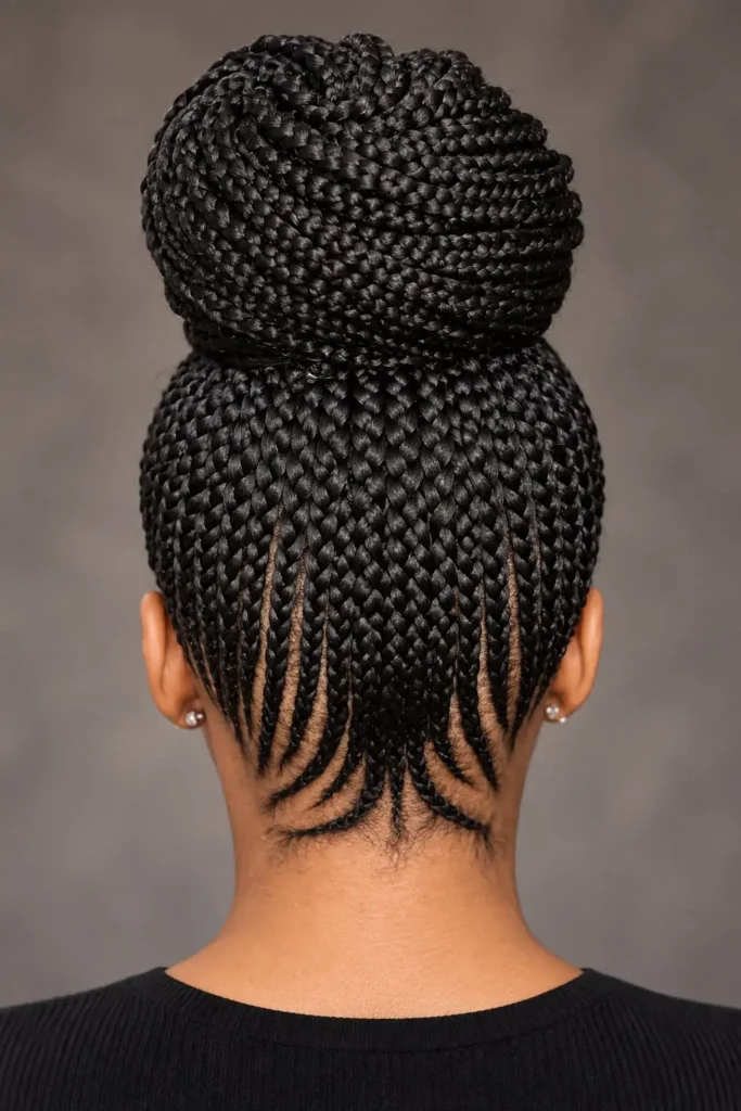 Side-swept lemonade braids styled into a polished gathered bun