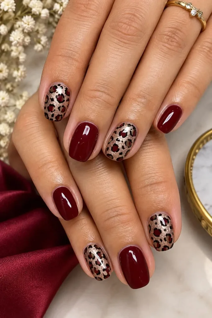 Short square nails featuring chic leopard print accents with neutral tones