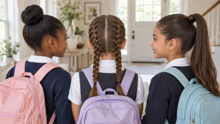 Lice prevention hairstyles for children with secure buns, ponytails, and braids