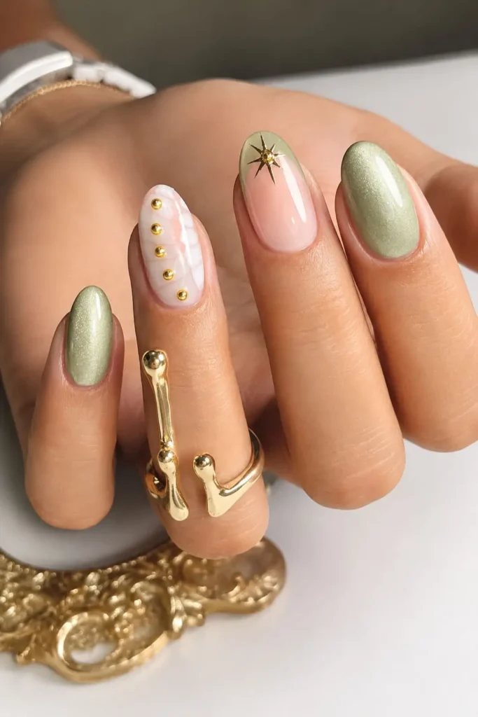 light green cat eye nails with white croc pattern and gold accents
