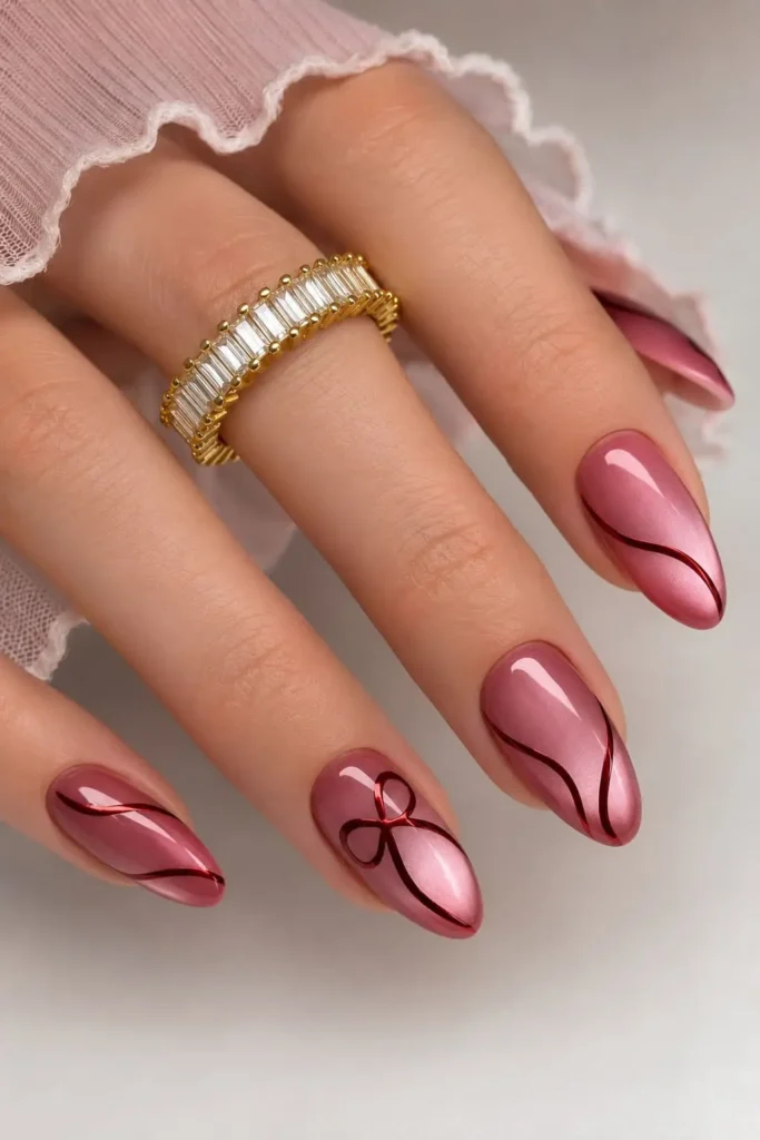 light red cat eye nails with chrome shimmer and metallic bows