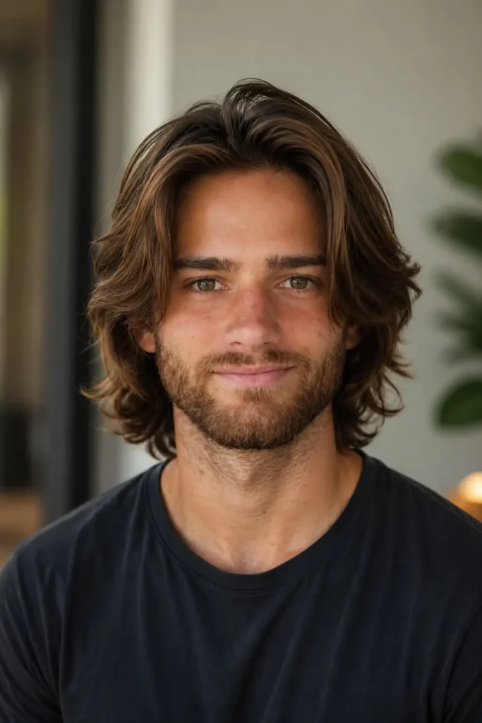 Long flow haircut for men with layered shoulder-length flowing hair